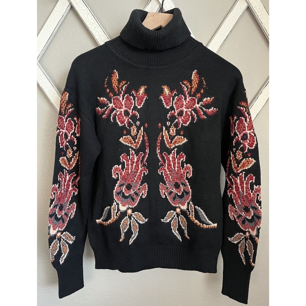 Sundance Claudia Women's S Black Floral Turtleneck Sweater Wool Blend